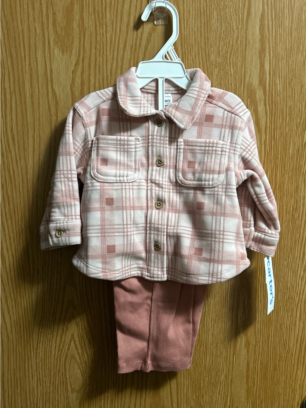 2pc Pink & White Plaid Fleece Long Sleeve Shirt w/Pink Pants Set